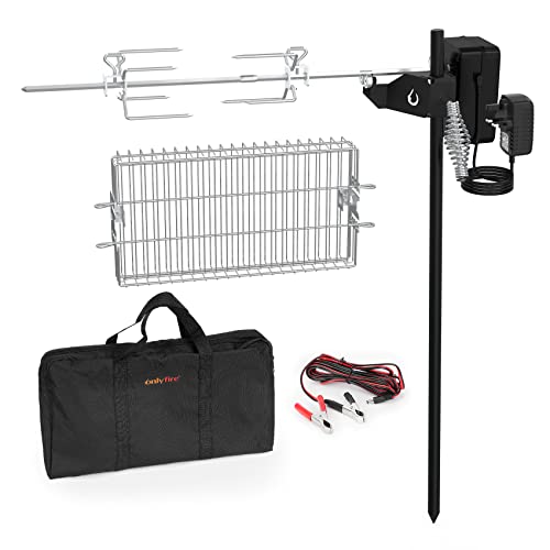 onlyfire BBQ Rotisserie Grill Kit Floor Stand Spit Roaster including Rotisserie Basket, Spit Forks, Battery Motor with Power Adapter, Car Charging Cable, Carrying Bag for Outdoor Camping Barbecue