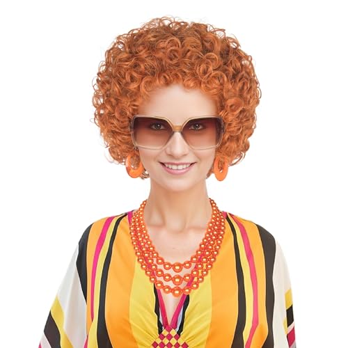 yan dream women short curly red brown wig and glasses orange chunky jewelry set party cosplay wig