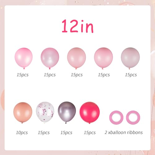Image of 100pcs Pink Balloons Kit - 12 Inch Assorted Metallic Pearl Pastel Blush Pink Confetti Balloons for Birthday, Baby Shower, Anniversary, Wedding, Valentine's Party Decorations (2 Ribbons)