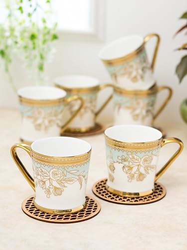 Image of Clay Craft Fine Ceramic Gold Printed Coffee /Tea Cups Set of 6-200 ml Each, Tea Cup Set of 6, Mugs for Coffee, Cups Set of 6, Mug Set, Ideal for Gifting, Perfect for Home and Office (E614)