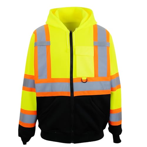 PAFESTER Fleece Safety Hi Vis Lightweight Jacket Reflective Visibility Hooded Bomber with Pockets Zipper