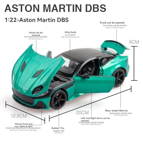 Image of 1:22 Scale Big Aston Martin DBS Metal Pullback Diecast Car for Kids with Openable Doors, Sound, Light Effects Toy for Car Enthusiasts, Green
