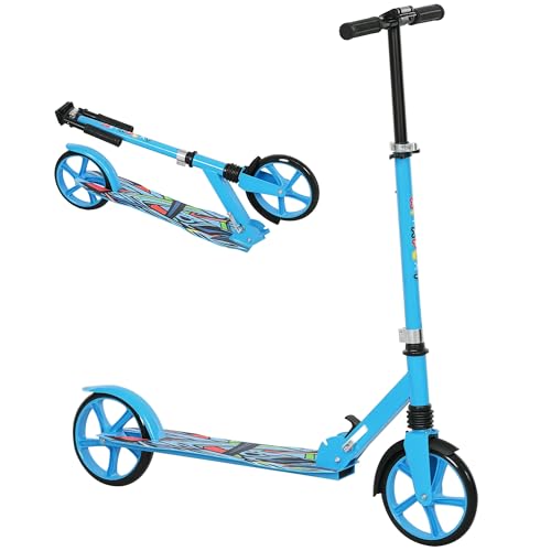 Patinete infantil AIYAPLAY, patinete plegable con manillar ajustable, ruedas grandes de 200 mm, freno en el guardabarros trasero, regalo para niños y niñas de 6 a 12 años, color azul