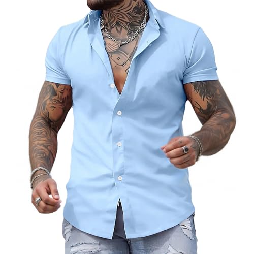 Mens Short Sleeve Button Down Shirt Stretch Business Casual Dress Shirts Solid Summer Tops