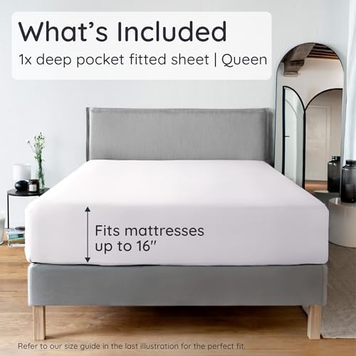 Bambaw White Queen Fitted Sheet with Elastic Corner Straps, 100% Viscose Derived from Bamboo, 16'' Deep Pocket, Queen Size - Thumbnail 3