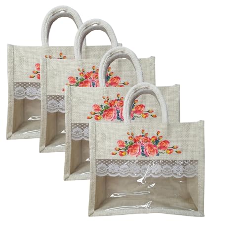 Ahans World Jute Bag 12x10x5 Inch with Transparent Window Ideal for Room Hampers (4, Peach Rose)
