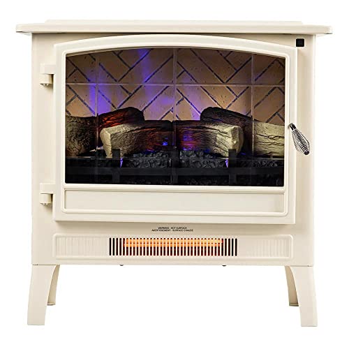 Country Living Infrared Freestanding Electric Fireplace Stove Heater In Cream | Provides Supplemental Zone Heat With Remote, Multiple Flame Colors, Metal Design With Faux Wooden Logs #TOP6