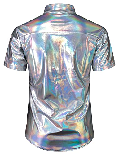Jogal Men's 70S Disco Shiny Metallic Gold Silver Short Sleeve Button Down Shirts Silvershimmer Large #TOP2