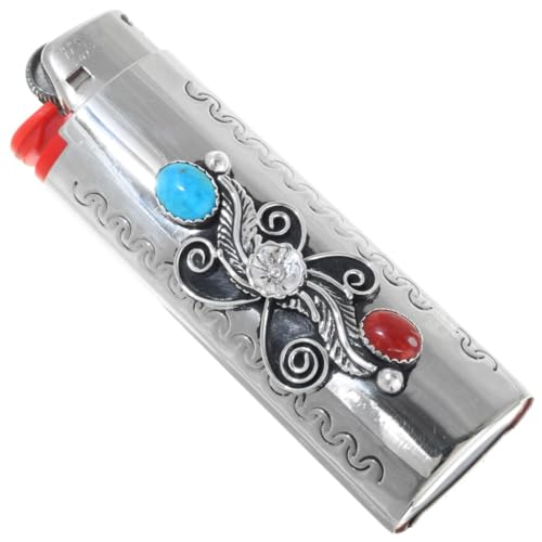 Navajo Turquoise Silver Lighter Case Cover With Red Coral