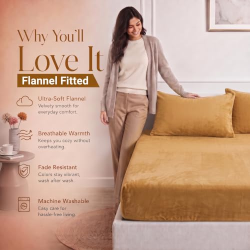 Image of BSB HOME 280 GSM Warm Plush Fitted Bedsheet, Soft Cozy Stretchable Mattress Sheet with Elastic Fitted Corners, Comfortable Winter Bedding for Double Bed, 72 x 78 + 8 Inches(183x198+20 cm) - Warm Camel
