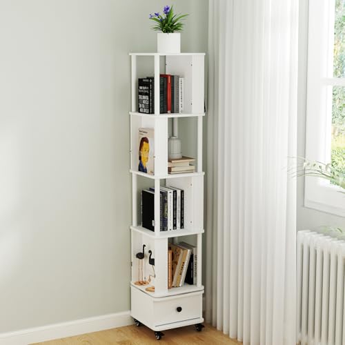 Rotating Bookshelf with Brake Wheels Drawer 5 Tier 360°Display Wood Spinning Corner White Bookshelf Tower Revolving Floor Standing Bookcase Storage Rack Narrow Organizer for Small Space