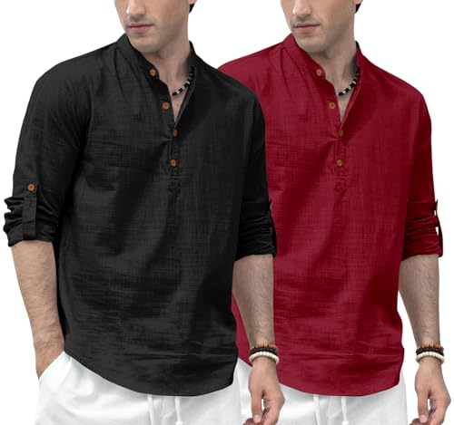 Image of Zombom Men's Combo Cotton Polyester Blend Solid Full Sleeve Straight Regular Fit Mandarin /Chinese Collor Kurta (Pack of 2)