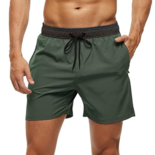 Arcweg Badehose für Herren mit Reißverschlusstasche Atmungsaktiv Wasserabweisend Badeshorts Männer Trainingsshorts Elastisch Verstellbar Mit Tunnelzug Meshfutter Schwarz + Armeegrün L(EU) 1