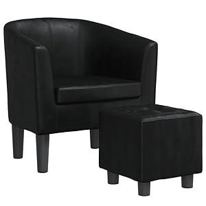 vidaXL Sillón con Taburete, Silla Decorativa, Butaca de Relax Descanso TV, Asiento para Salón Oficina Dormitorio, Cuero Sintético Negro