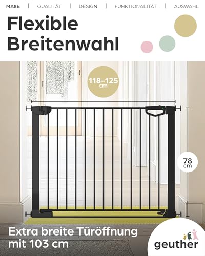 Geuther Türschutzgitter Easylock Flatstep Schwarz I Treppenschutzgitter zum Klemmen oder Bohren I Breite 118-125 cm I Türschutz für Ihr Baby & Haustier I Kinderschutzgitter beidseitig öffnend