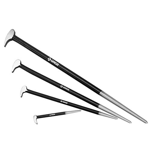 Groz 4-Piece Rolling Head Pry Bar Set | 6-Inch, 12-Inch, 16-Inch, 20-Inch Lengths | Heavy Duty | Forged Chrome Steel | Fulcrum Prying, Automotive Machinery | 38-43 Hrc | #33154 #TOP2