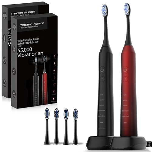 Tristan Auron Doppelpack elektrische Zahnbürste Schallzahnbürste mit 55000 VPM / 60 Tage Akku/ IPX7 Wasserdicht/ 5 Putzmodi - 4 Bürstenköpfe - (rot/schwarz)