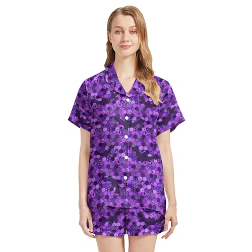 Image of Funny Pajamas for Women Set Print Satin Loungewear Pjs Short Sleeve Button Down Top and Shorts Sets Sleepwear XS-3XL