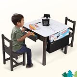 Cowiewie 3PCS Toddler Table & Chair Set Kids Wooden Activity Desk & 2 Chair Set with Storage 2 Drawe