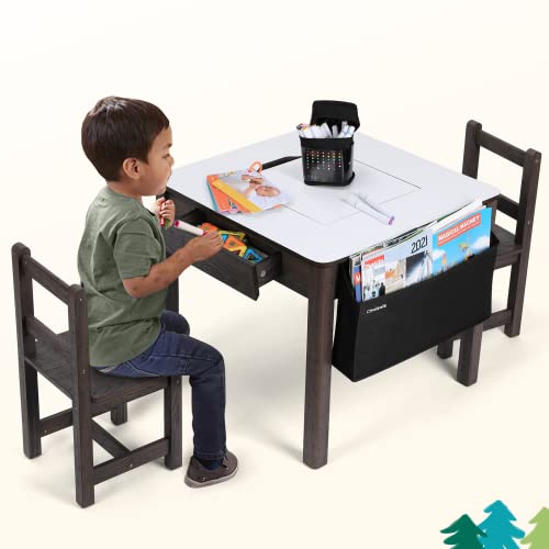Cowiewie 3Pcs Toddler Table & Chair Set Kids Wooden Activity Desk & 2 Chair Set With Storage 2 Drawers For Child Arts & Crafts,Snack Time,Homeschooling,Homework(Building Blocks Mat As Gift Included) #TOP23