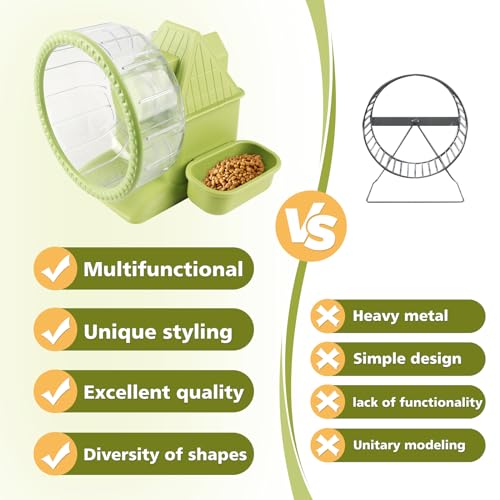 Image of 4 in 1 Silent Large Hamster Wheel Multifunctional Hamster Running Wheel Quite Running Spinner Wheel Accessories with Food Bowl Water Bottle for Hamsters Dwarf Gerbil (Green)