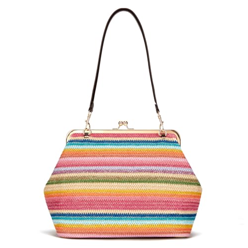 CATSEA Large Women's Kiss Lock Bag PU Medium Top Handle Handbags Kiss Clasp Shoulder Bags Tote Purse Messenger Clutch (Straw - Colorful B)