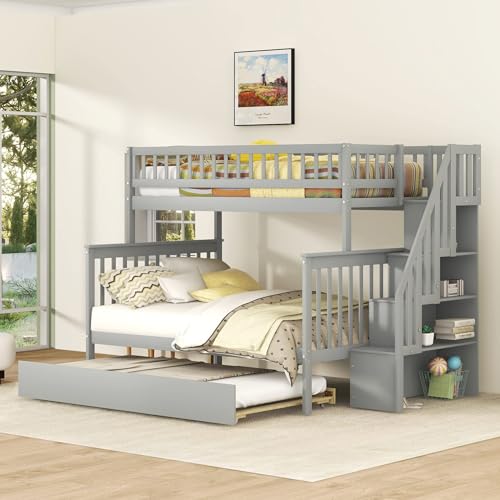 Merax Twin-Over-Full Stairway Bunk Bed with Trundle, Storage Staircase and Full Length Guardrail, Solid Wood Storage Bunk Bed with Trundle, No Spring Box Needed (Grey)