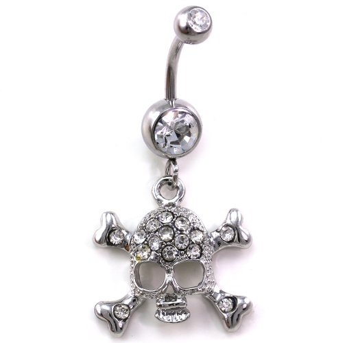 Soulbreezecollection Clear Skull Crossbones Navel Belly Ring Body Jewelry 14 Gauge