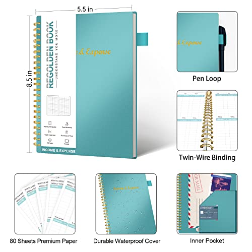 Regolden-Book Expense Check Ledger Book, Check Register Notebook For Small Business Bookkeeping, Accounting Ledger Book With Pocket, Man & Women, 160 Pages（8.5“X 6"), Teal #TOP2