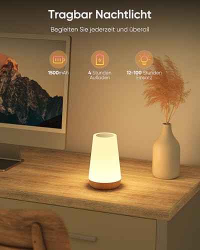 Bonsery Nachttischlampe 2er Set, Led Nachttischlampe Touch Dimmbar USB Aufladbar mit Fernbedienung, Nachtlicht Kinder mit 13 Farben 3 Modi, Tischlampe Kabellos mit Timer für Schlafzimmer Wohnzimmer