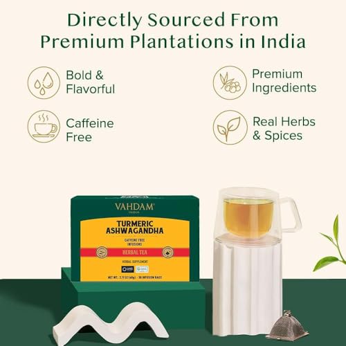 Image of VAHDAM, Turmeric Ashwagandha Herbal Tea Bags (30 Count) Caffeine Free, Non GMO, Gluten Free | 100% Pure Herbal Blend - Sweet & Earthy | Individually Wrapped Pyramid Tea Bags | Direct from Source