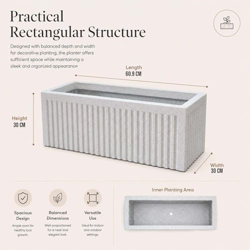 Image of Go Hooked Rectangular Planter Pot (24x12) Inch | Marble White Ribbed Design Plastic Flower Pot for Indoor Outdoor Balcony Garden Window Railing Patio | Polymer Decorative Plant Container