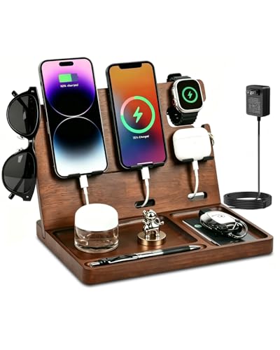 Xunhomon Wood Phone Docking Station Nightstand Organizer Charging Station with QC 3.0 & PD22.5W Fast Charger for iPhone Samsung Android Watch Airpod Anniversary Birthday Gifts for Men