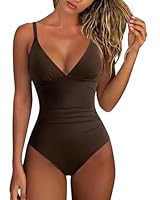 RXRXCOCO Tummy Control Swimming Costume Women Deep V Neck One Piece Swimsuit Crisscross Back Bathing Suit Swimwear Dark Brown M