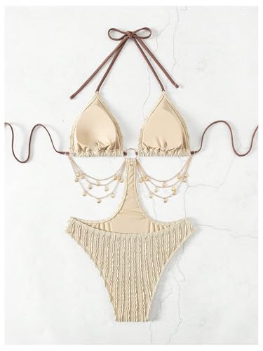 WDIRARA Women's Chain Linked Cut Out Halter One Piece Swimsuit2