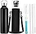 Botella Agua Acero Inoxidable 1000mL, Botella Termica 1 litro con Pajita, 48 Horas Fría-24 Horas Caliente, Aislamiento de Vacío de Doble Pared, 2 Tapas Intercambiables para Adultos/Deporte-Negro