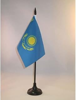 Kazakhstan Table Flag 4'' x 6'' - Kazakh Desk Flag 15 x 10 cm - Black plastic stick and base - AZ FLAG