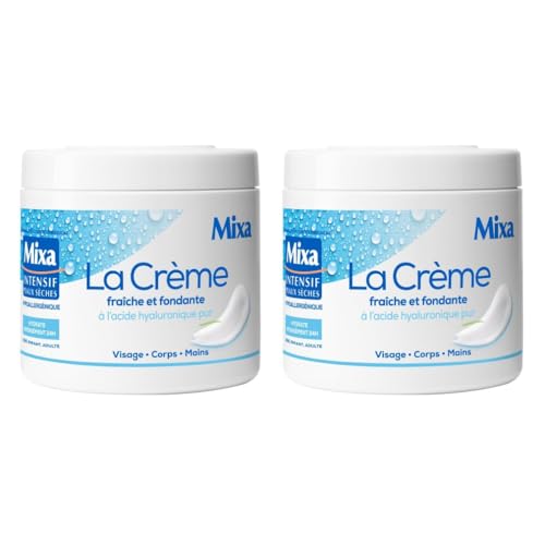 Mixa Intensif Peaux Sèches - La Crème Fraîche et Fondante à l’Acide Hyaluronique Pur - Multi Usages Visage, Corps, Mains, Pieds - Hydratation 24h - Pénétration rapide - Hypoallergénique - Lot de 2