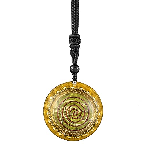 SUNYIK Orgonite 7 Chakra Symbol Round Pendant Necklace for Men Women, Amulet Natural Peridot Crystal Stone Necklace for Unisex with Adjustable Rope 18-24", Resin, peridot stone