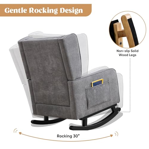 Image of HCHAIRH Nursery Rocking Chairs, Modern Wingback Accent Chairs for Mom Nursery Rocker with High Backrest and Solid Wood Legs, Sherpa Rocking Chair Nursery for Reading Living Room Bedroom, Dark Grey