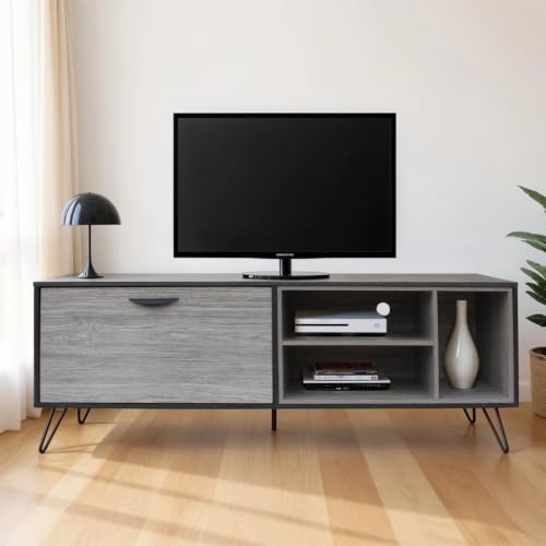 Image of Flux Engineered Wood TV Cabinet & Entertainment Unit | Modern TV Stand with 1 Flip-Down Door & Open Storage Shelves | Media Console for Living Room | Hairpin Legs | Grey & Charcoal Finish