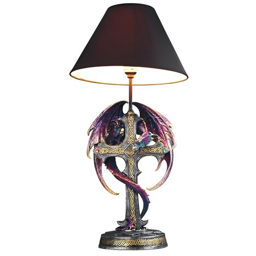 ICE Armor 24.5 Fantasy Collectible Dragon Statue Table Lamp Wrap Around Cross with Fabric Light Shade for Gothic and Medieval Dcor 99GSC71793