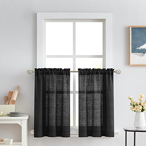 Melodieux - 2 cortinas semitransparentes negras de 114 cm para cocina, cafetería, dormitorio y ventanas pequeñas, textura de lino, cortas, con dobladillo para barra.