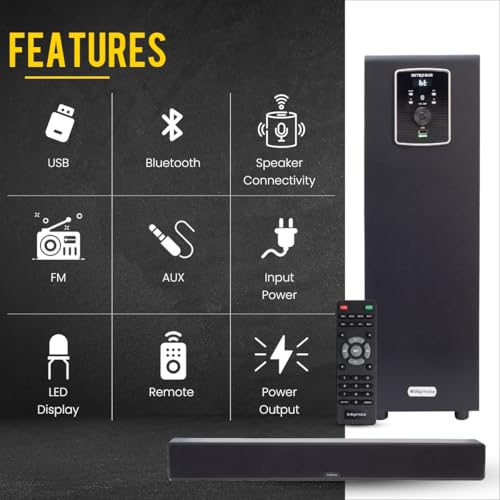 Image of Bluetooth Soundbar with 5.25 inch Subwoofer, 100W, 2.1 Channel System, LED Display, Remote Control, Four EQ Modes, Bluetooth v5.3, AUX, USB - Platinum Black