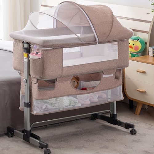 Image of Cuddor Baby Bassinet, Bedside Sleeper with Wheels, Heigt Adjustable, for Infant/Baby/Newborn Girls & Boys 0-6 Months, Khaki