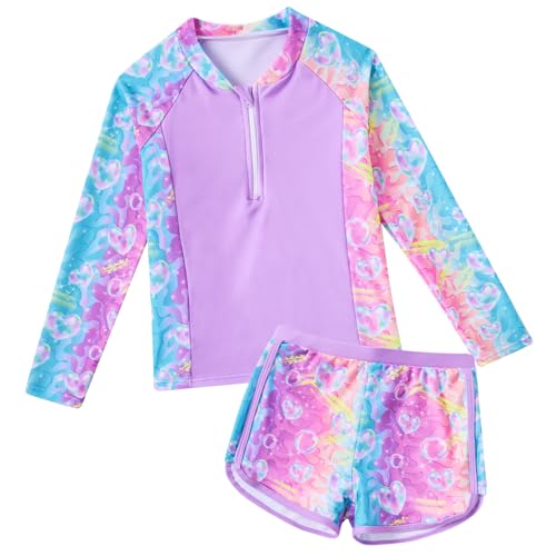Vogseek Girls Swimsuits 5-9 Years 2 Piece Zip Rashguard Sets Long Sleeve Bathing Suit