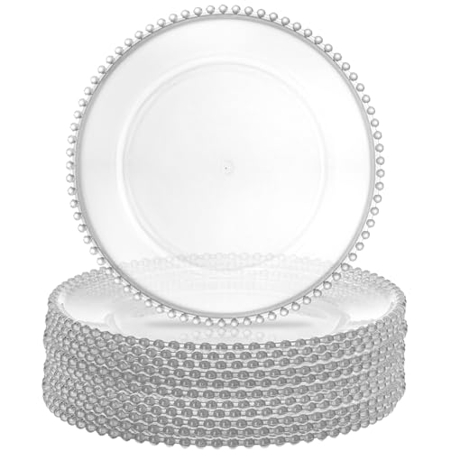 Lawei 12 Pack Clear Plastic Charger Plates with Bead Rim 13 Inch Plastic Round Serving Plates Decor Dinner Plates for Party Wedding Events Dinner Decoration