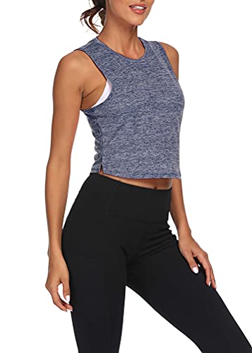 Arkily Womens Cropped Workout Tnak High Neck Crop Top Backless Workout Tops Cute Mesh Crop Tops Workout Shirts Crop Muscle Tank Flowy Gym Shirts Loose Fit Athletic Tank Tops for Women Navy S