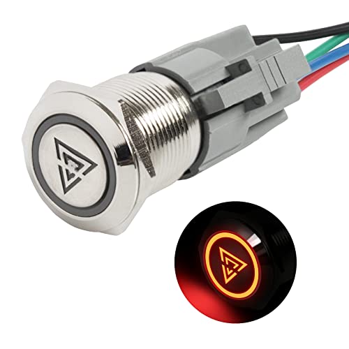 OSXCAUES Latching Metallschalter 19mm 12V 24V 5 stifte mit Vorverdrahte Steckdose Wasserdicht Verriegelung Kippschalter mit Ring LED und LED Dreieckiges Warnsymbol Symbol (Rot Licht) Cover