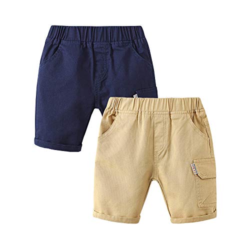 Little Kids Baby Boys Twill Pull On Cargo Shorts Toddler Summer Knit Elastic Waist Chino Uniform Short Pants Khaki/Navy